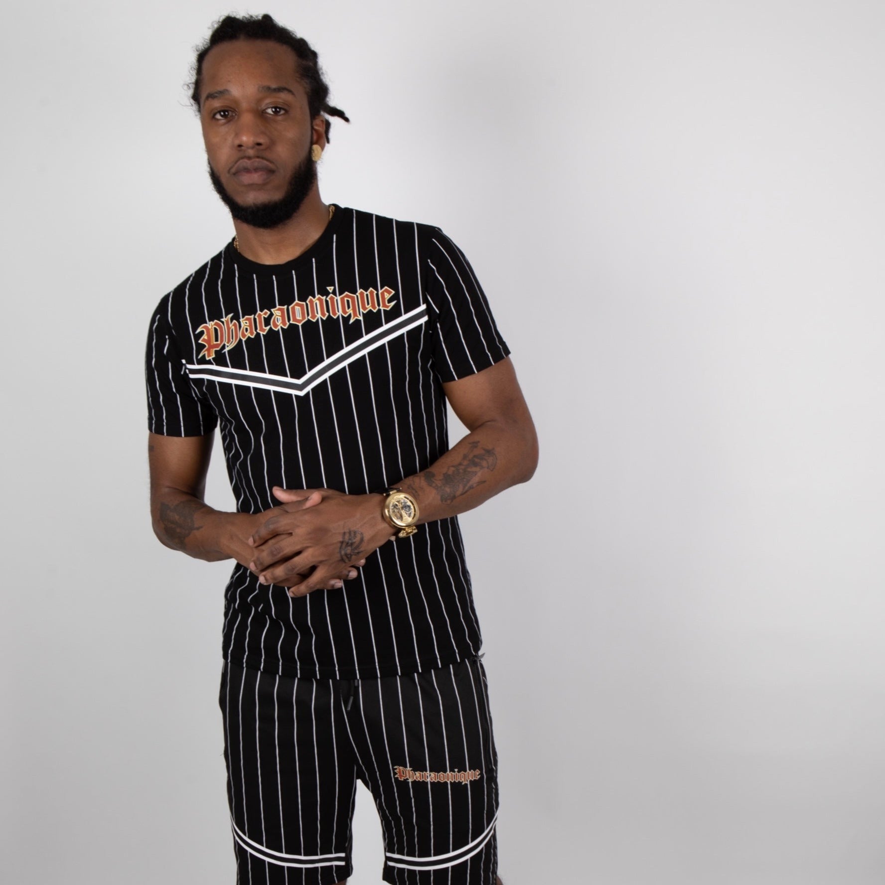 Ensemble short et t-shirt à rayures gothiques -Noir - Pharaonique