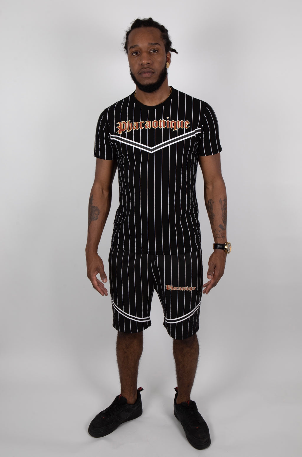 Ensemble short et t-shirt à rayures gothiques -Noir - Pharaonique