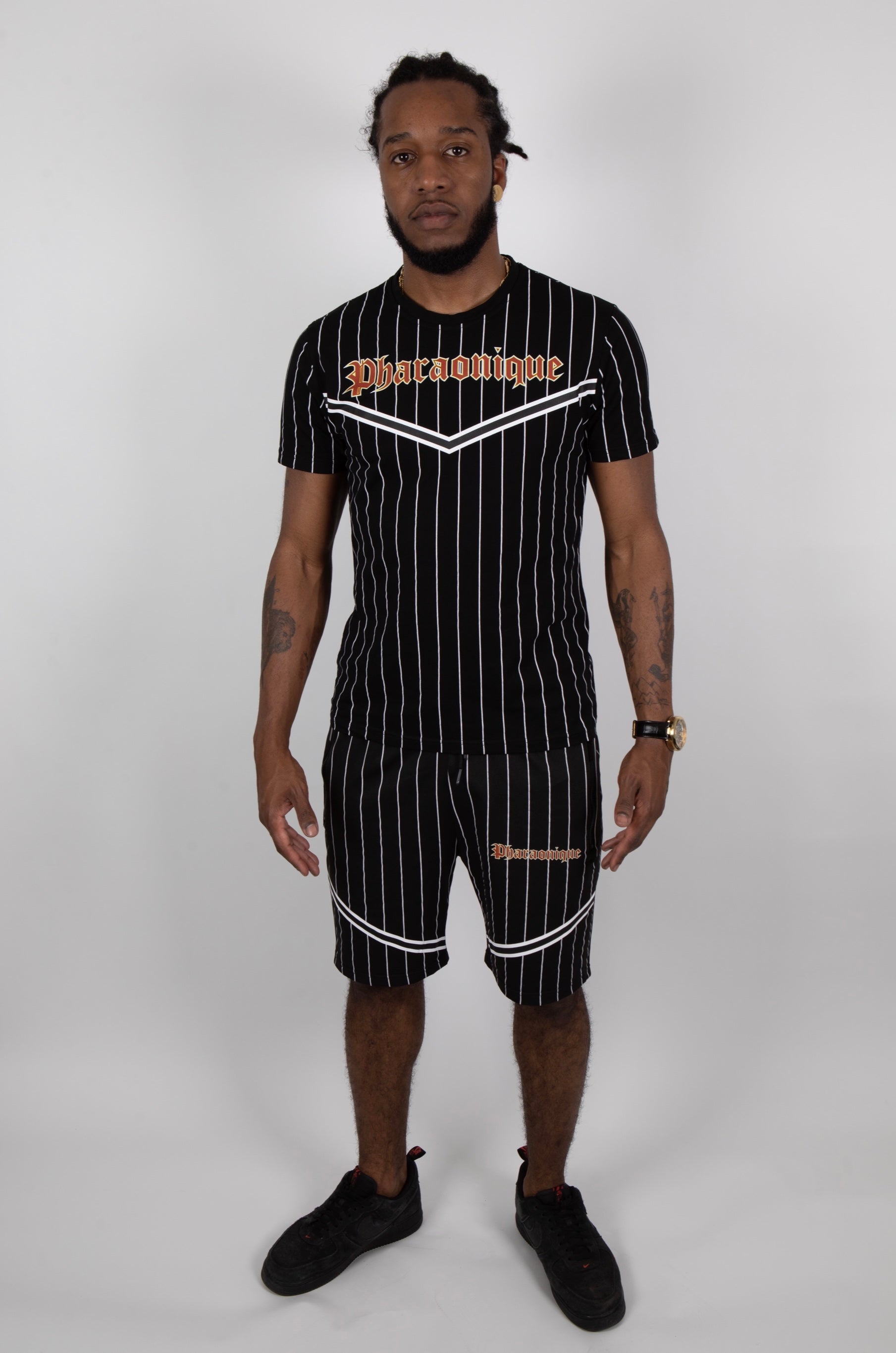 Ensemble short et t-shirt à rayures gothiques -Noir - Pharaonique