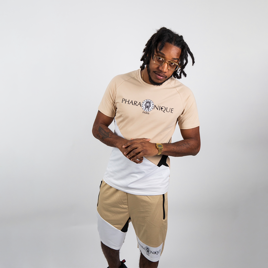 Ensemble t-shirt et short Power bicolores - Beige et Blanc - Pharaonique