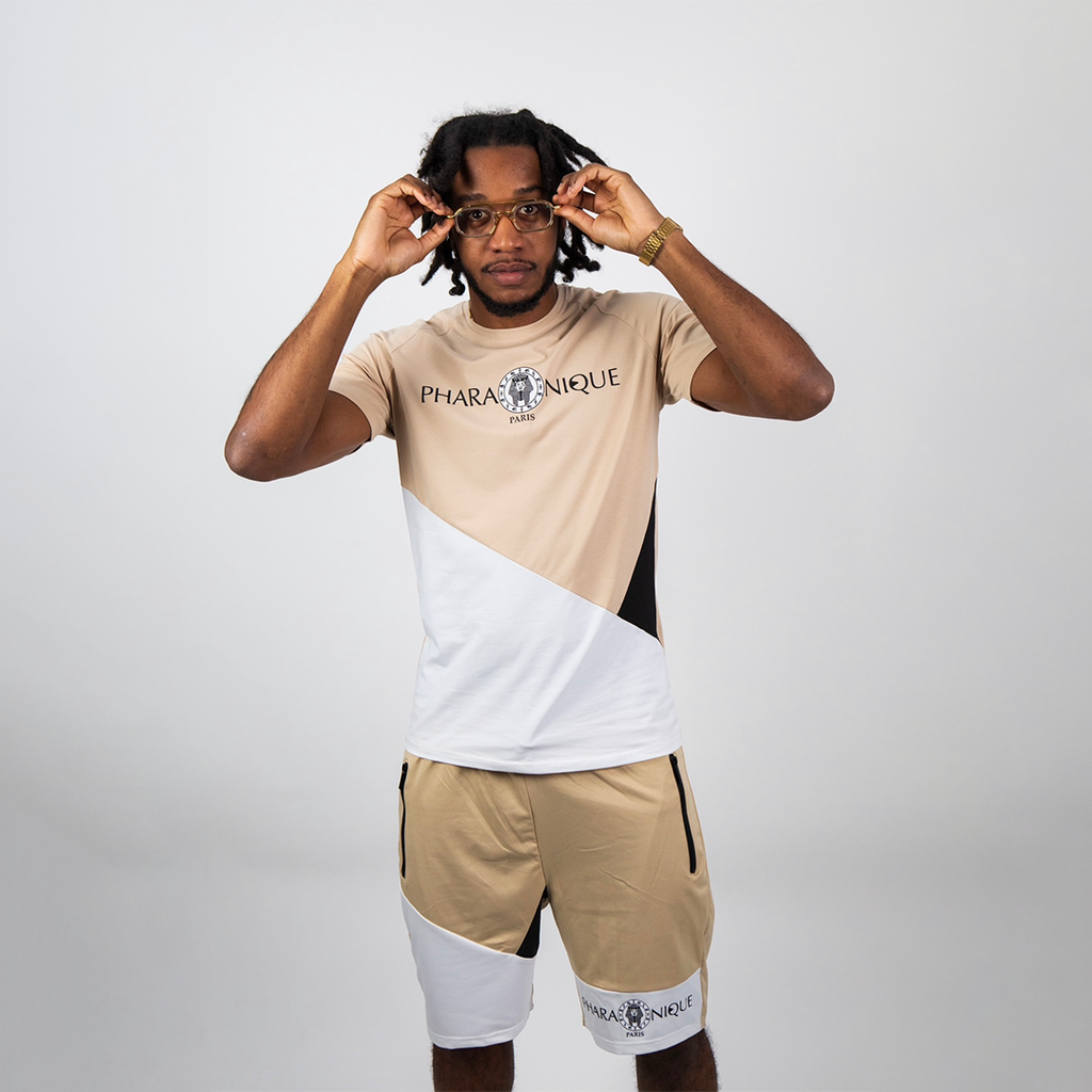 Ensemble t-shirt et short Power bicolores - Beige et Blanc - Pharaonique
