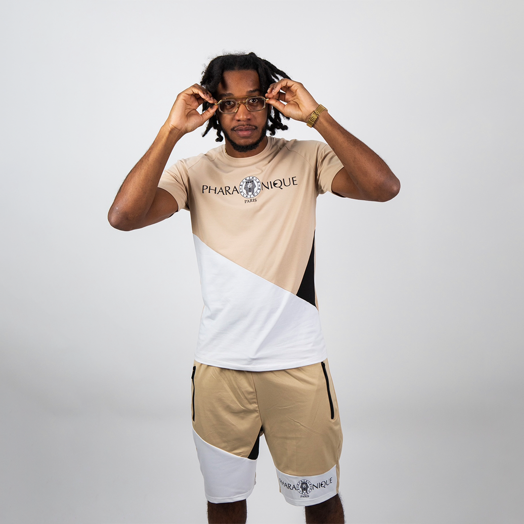 Two-tone Power t-shirt and shorts set - Beige and White