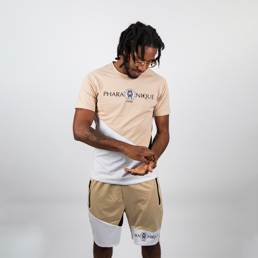 Ensemble t-shirt et short Power bicolores - Beige et Blanc - Pharaonique