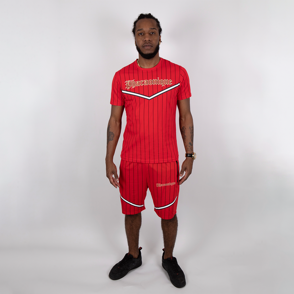 Ensemble short et t-shirt à rayures gothiques - Rouge - Pharaonique