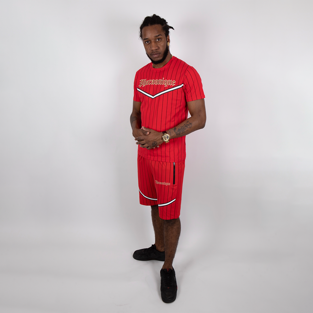 Ensemble short et t-shirt à rayures gothiques - Rouge - Pharaonique