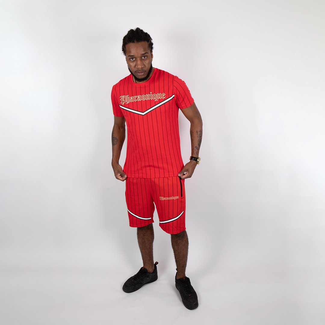 Ensemble short et t-shirt à rayures gothiques - Rouge - Pharaonique